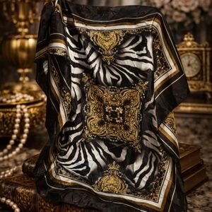 VINTAGE 80s POLYESTER SQUARE SCARF ANIMAL BAROQUE PRINT 27 X 27